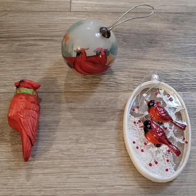 Vintage Carved Wood Red Bird, Glass Snow Globe Style, and Reverse Painting Ball Red Bird Cardinal Ornaments