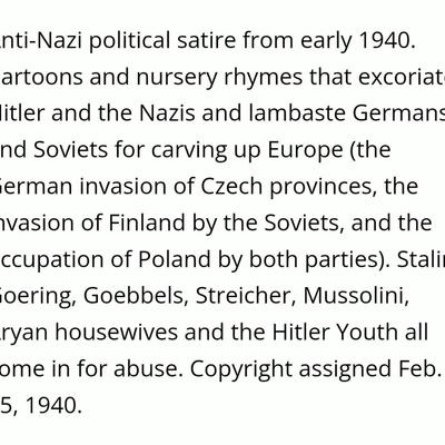VERY RARE ANTI-Nazi Satire - Mother Goose-Step and other Nertzery Rhymes Rhymes Book by Danny Weaver