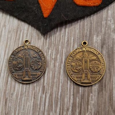 Collection of Vintage US High School & Collegiate Patches, Medals, & Pins for Sports and Academic Achievements