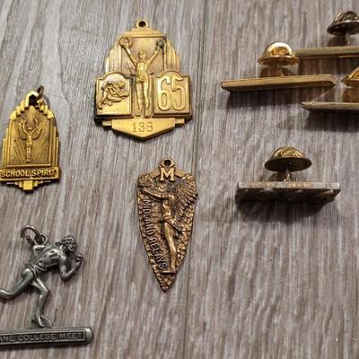 Collection of Vintage US High School & Collegiate Patches, Medals, & Pins for Sports and Academic Achievements