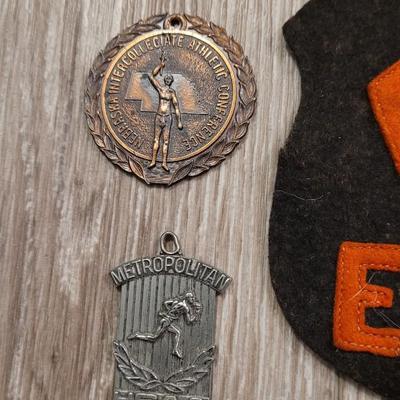 Collection of Vintage US High School & Collegiate Patches, Medals, & Pins for Sports and Academic Achievements