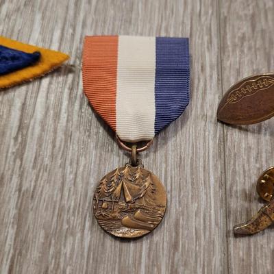 Collection of Vintage US High School & Collegiate Patches, Medals, & Pins for Sports and Academic Achievements