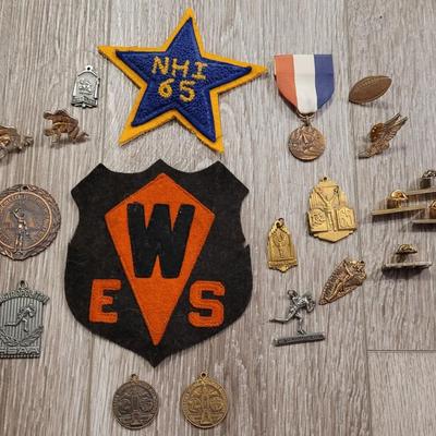 Collection of Vintage US High School & Collegiate Patches, Medals, & Pins for Sports and Academic Achievements