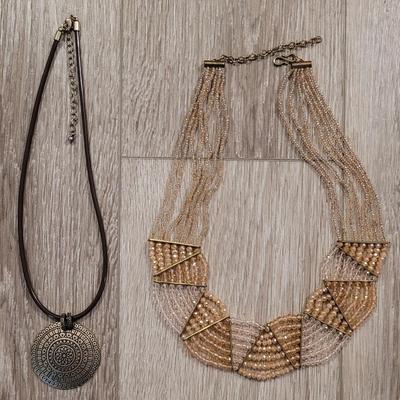 Vintage Pink Beaded Collar Style Necklace and Gold Tone Medallion & Leather Necklace