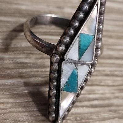 Vintage Sterling Mother of Pearl & Turquoise Inlay Ring