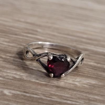 Beautiful Signed Sterling & Ruby Heart Ring