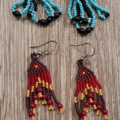 Beaded Native American Earrings and Ruby Glass Bead Earrings