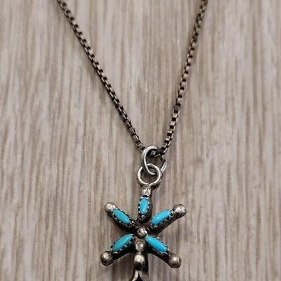 Native American Sterling & Turquoise Squash Blossom Pendant Necklace