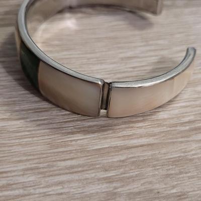 Sterling, Mother of Pearl, & Jade Cuff Bracelet