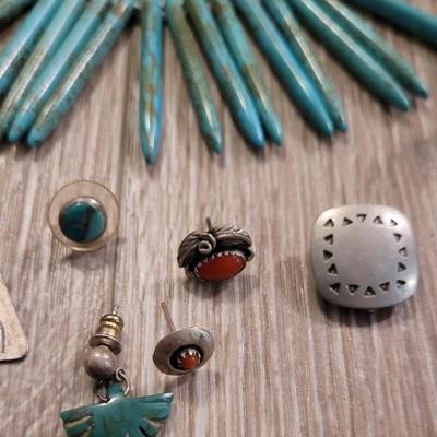 Jewelry Maker's Lot- Turquoise Beads, Sterling & Wood Ring, and Native American Pendants & One off Earrings