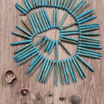 Jewelry Maker's Lot- Turquoise Beads, Sterling & Wood Ring, and Native American Pendants & One off Earrings