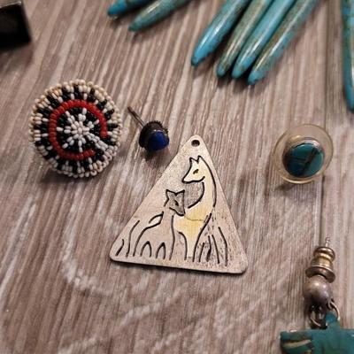 Jewelry Maker's Lot- Turquoise Beads, Sterling & Wood Ring, and Native American Pendants & One off Earrings