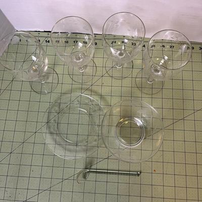 4 Set Vintage Etched Wine Glasses with matching Bowl, Plate, and Shell Spoon