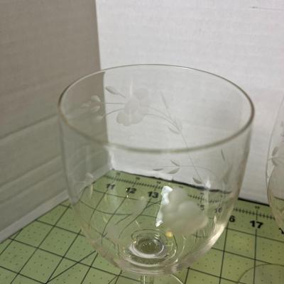 4 Set Vintage Etched Wine Glasses with matching Bowl, Plate, and Shell Spoon