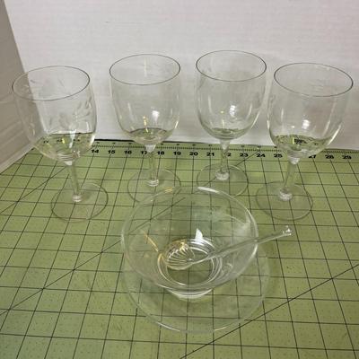4 Set Vintage Etched Wine Glasses with matching Bowl, Plate, and Shell Spoon