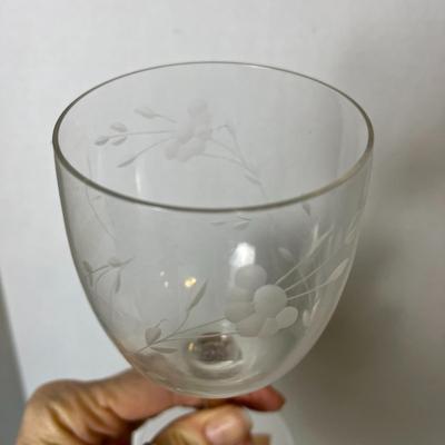 8 Set Vintage Etched Wine Glasses with matching Bowl, Plate, and Shell Spoon