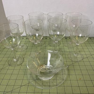 8 Set Vintage Etched Wine Glasses with matching Bowl, Plate, and Shell Spoon