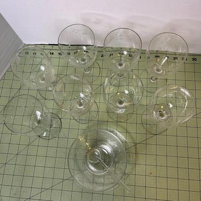 8 Set Vintage Etched Wine Glasses with matching Bowl, Plate, and Shell Spoon