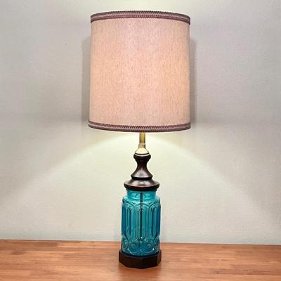 36â€ Tall Vtg. Glass & Wood Table Lamp ~ With Burlap Shade