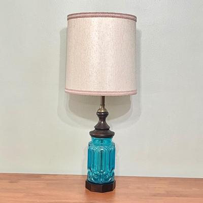 36â€ Tall Vtg. Glass & Wood Table Lamp ~ With Burlap Shade