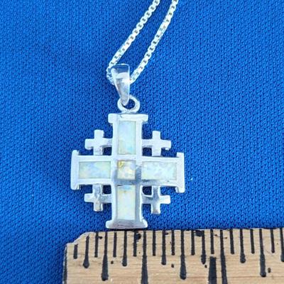Jerusalem Cross Sterling Silver Inlaid opal with fine silver chain