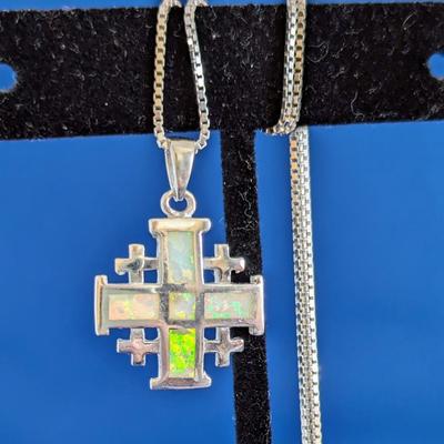 Jerusalem Cross Sterling Silver Inlaid opal with fine silver chain