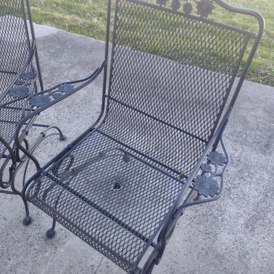 Pair of Wrought Metal Rocker Style Patio Chair with Mesh Seat and Back Open Design Arms and Headrest