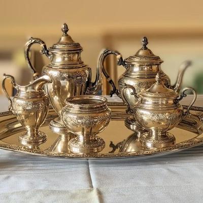 10 piece Gorham King Edward Sterling Silver tea and coffee service w/hotwater warmer and base