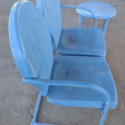 Vintage MCM Double Seat Metal Lawn Chair with Side Table
