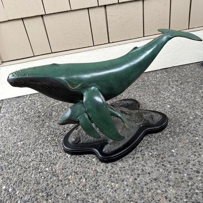 Late 20th C. Bronze Humpback Whale & Calf Sculpture