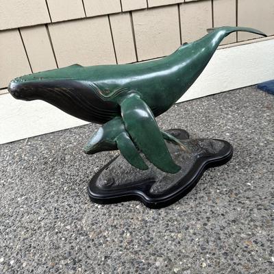 Late 20th C. Bronze Humpback Whale & Calf Sculpture
