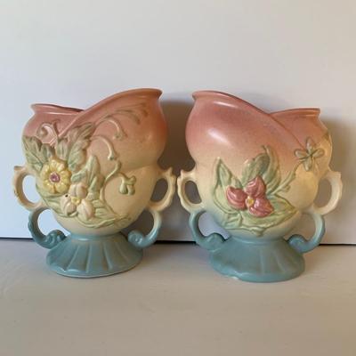 LOT 82 D: Vintage Roseville Pottery Apple Blossom Double Handled Cylindrical Vase & 2 Hull Art Wildflower Vases