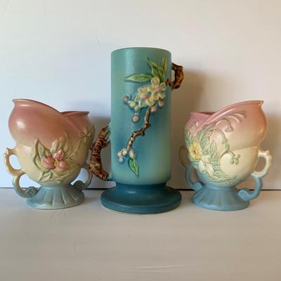 LOT 82 D: Vintage Roseville Pottery Apple Blossom Double Handled Cylindrical Vase & 2 Hull Art Wildflower Vases