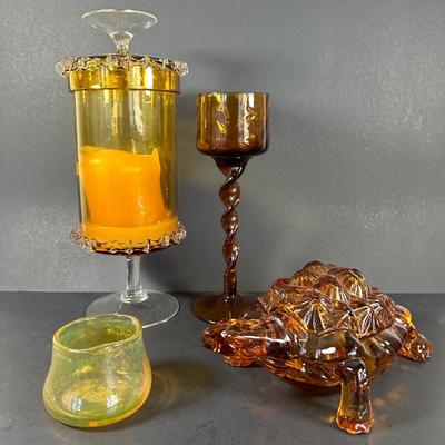 LOT 136L: Amber Glass Candy Dishes - Vintage LG Wright Turtle & More