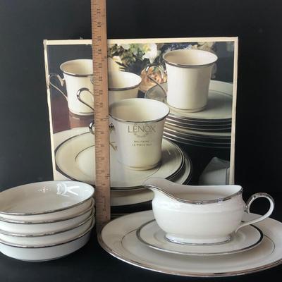 LOT 205K: Lenox Solitaire - Boxed Set of 12 Plates and Mugs w/ Four Bowls, Gravy Boat & Oval Platter