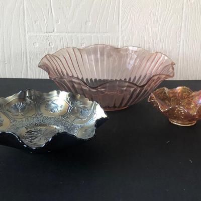 LOT 215K: Pink Depression Glass Wavy Bowl, Carnival Glass Bowls & Pink Floral Glasses in 2 Sizes