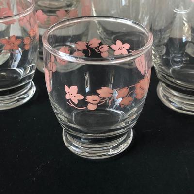 LOT 215K: Pink Depression Glass Wavy Bowl, Carnival Glass Bowls & Pink Floral Glasses in 2 Sizes