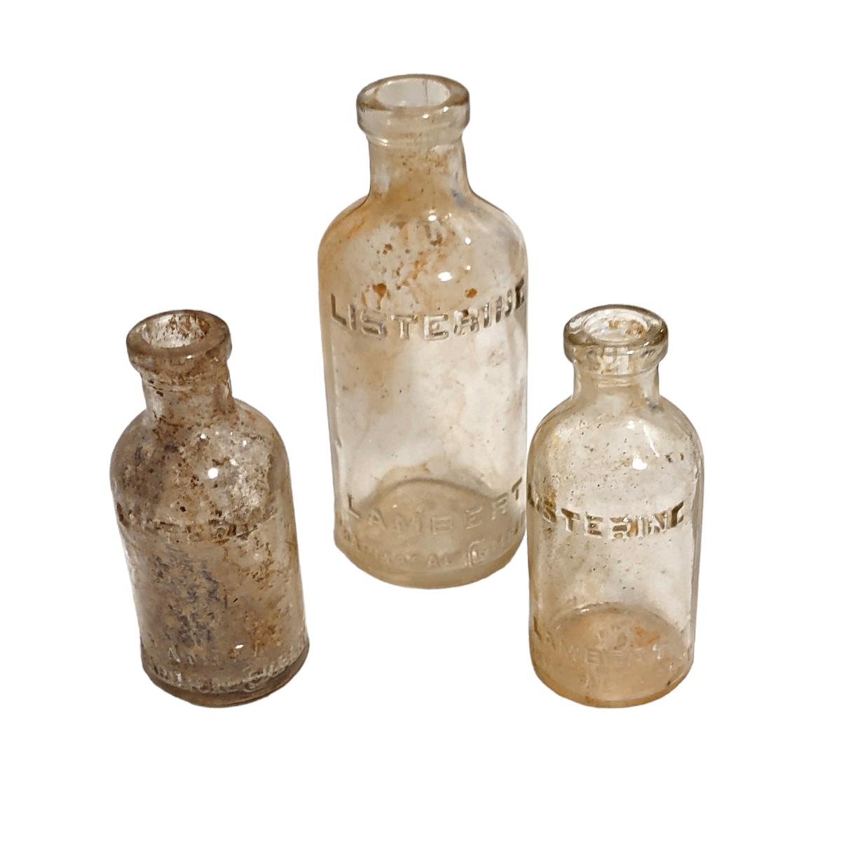 3 Antique Clear Glass Listerine Cork Top Bottles