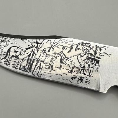 Arthur Fulmer Hunting Knife With Designed Blade & Leather Sheath