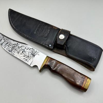 Arthur Fulmer Hunting Knife With Designed Blade & Leather Sheath