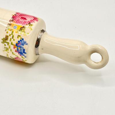 Vtg. Ceramic Rolling Pin With Cross Stitch Floral Pattern