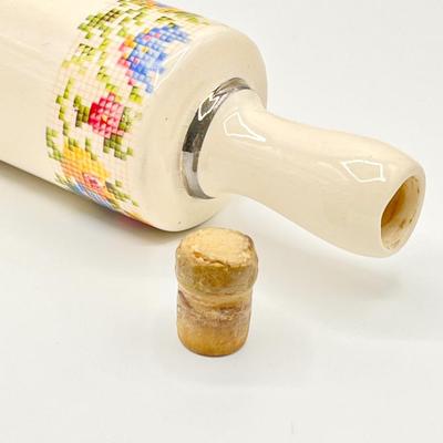 Vtg. Ceramic Rolling Pin With Cross Stitch Floral Pattern