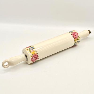 Vtg. Ceramic Rolling Pin With Cross Stitch Floral Pattern