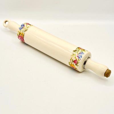 Vtg. Ceramic Rolling Pin With Cross Stitch Floral Pattern