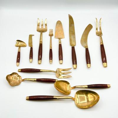 11 Pc Service For 12 ~ MCM Thai Bronze Brass & Wood Flatware