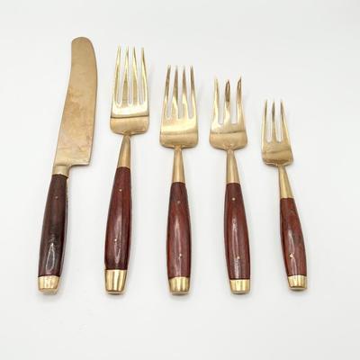 11 Pc Service For 12 ~ MCM Thai Bronze Brass & Wood Flatware