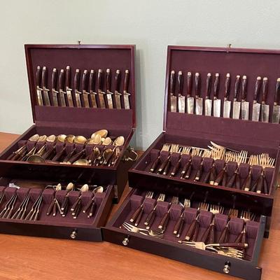 11 Pc Service For 12 ~ MCM Thai Bronze Brass & Wood Flatware