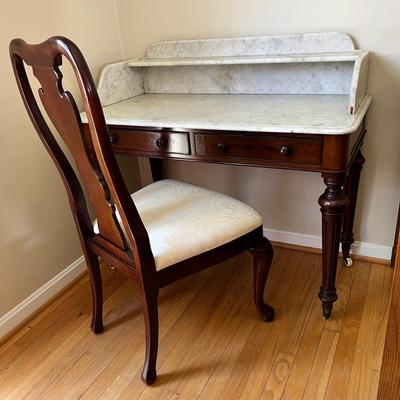 Antique Victorian Style Mahogany Marble Top Desk w Chair