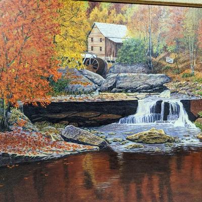 Original Framed Art Grist Mill and Waterfall on Canvas Signed Pollock 44