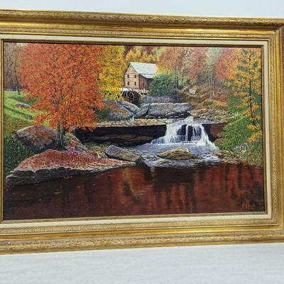 Original Framed Art Grist Mill and Waterfall on Canvas Signed Pollock 44" x 32"
